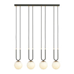 Hanglamp Glam gepoedercoat staal en glas, retro, zwart met witte glazen kappen, 4 fittingen E14, eetkamer en woonkamer