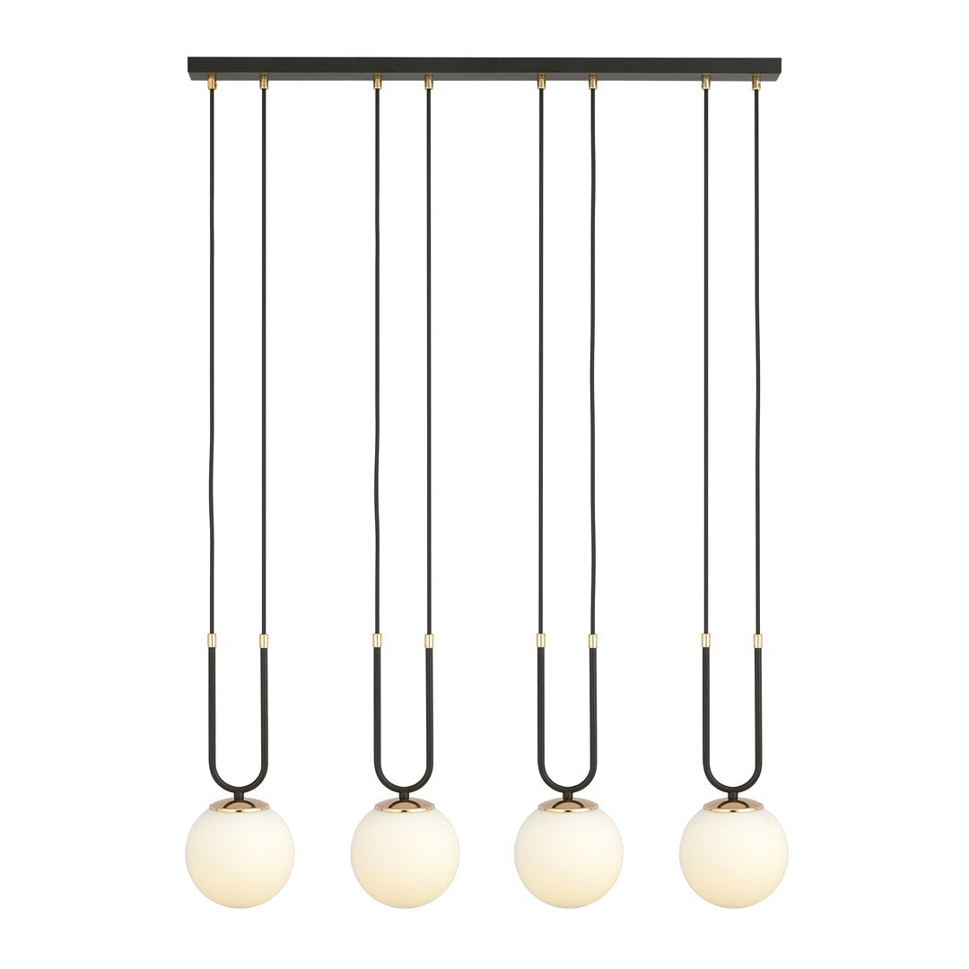Hanglamp Glam gepoedercoat staal en glas, retro, zwart met witte glazen kappen, 4 fittingen E14, eetkamer en woonkamer