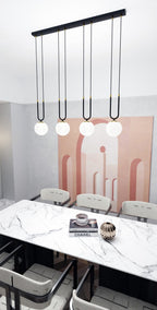 Hanglamp Glam gepoedercoat staal en glas, retro, zwart met witte glazen kappen, 4 fittingen E14, eetkamer en woonkamer