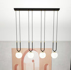 Hanglamp Glam gepoedercoat staal en glas, retro, zwart met witte glazen kappen, 4 fittingen E14, eetkamer en woonkamer