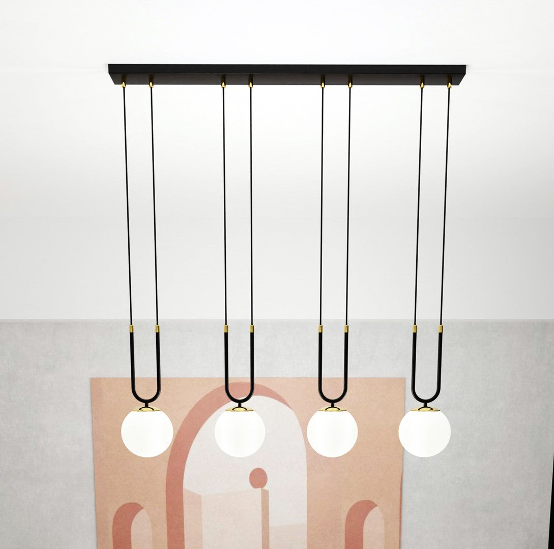 Hanglamp Glam gepoedercoat staal en glas, retro, zwart met witte glazen kappen, 4 fittingen E14, eetkamer en woonkamer
