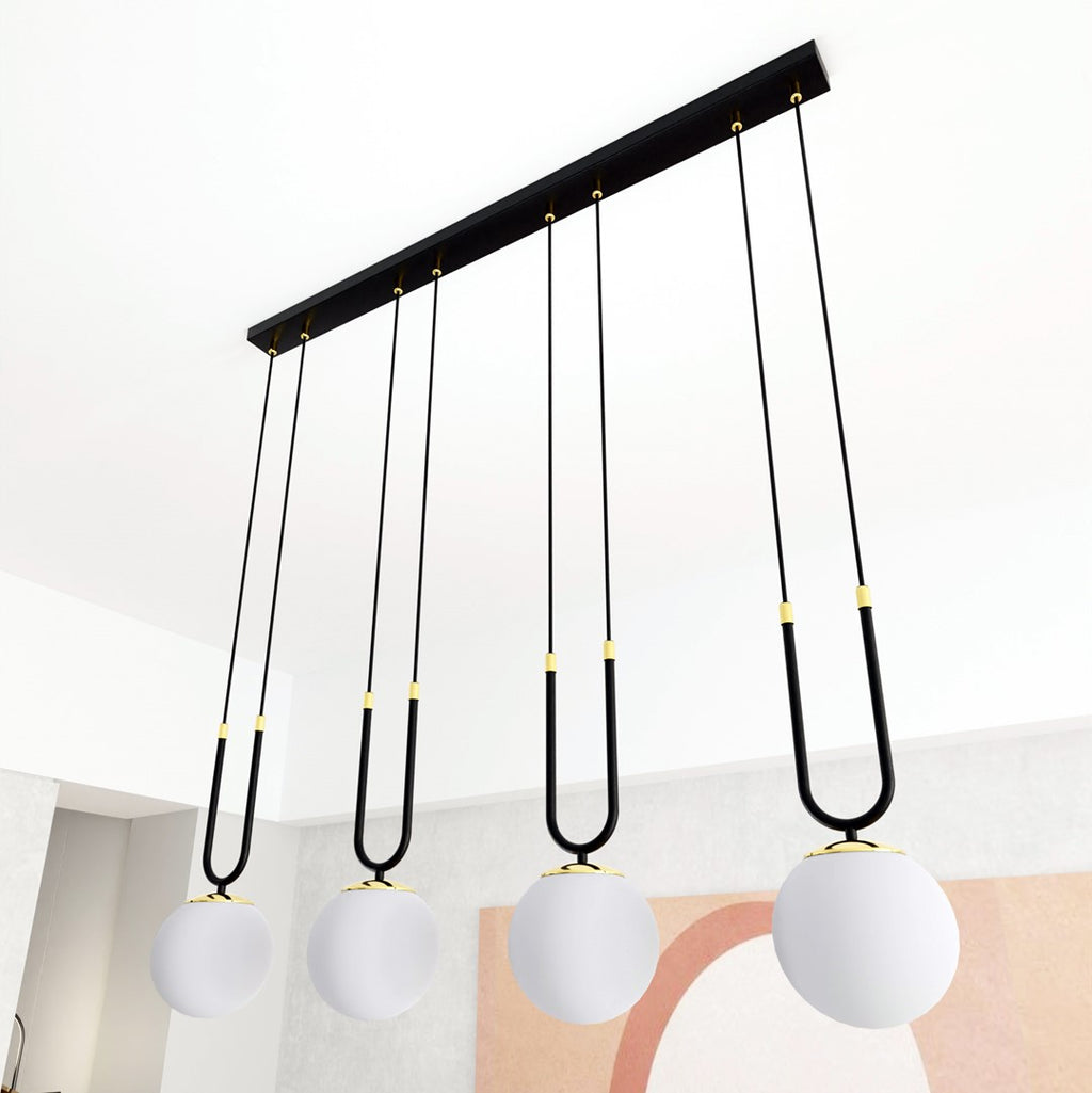Hanglamp Glam gepoedercoat staal en glas, retro, zwart met witte glazen kappen, 4 fittingen E14, eetkamer en woonkamer