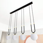 Hanglamp Glam gepoedercoat staal en glas, retro, zwart met witte glazen kappen, 4 fittingen E14, eetkamer en woonkamer