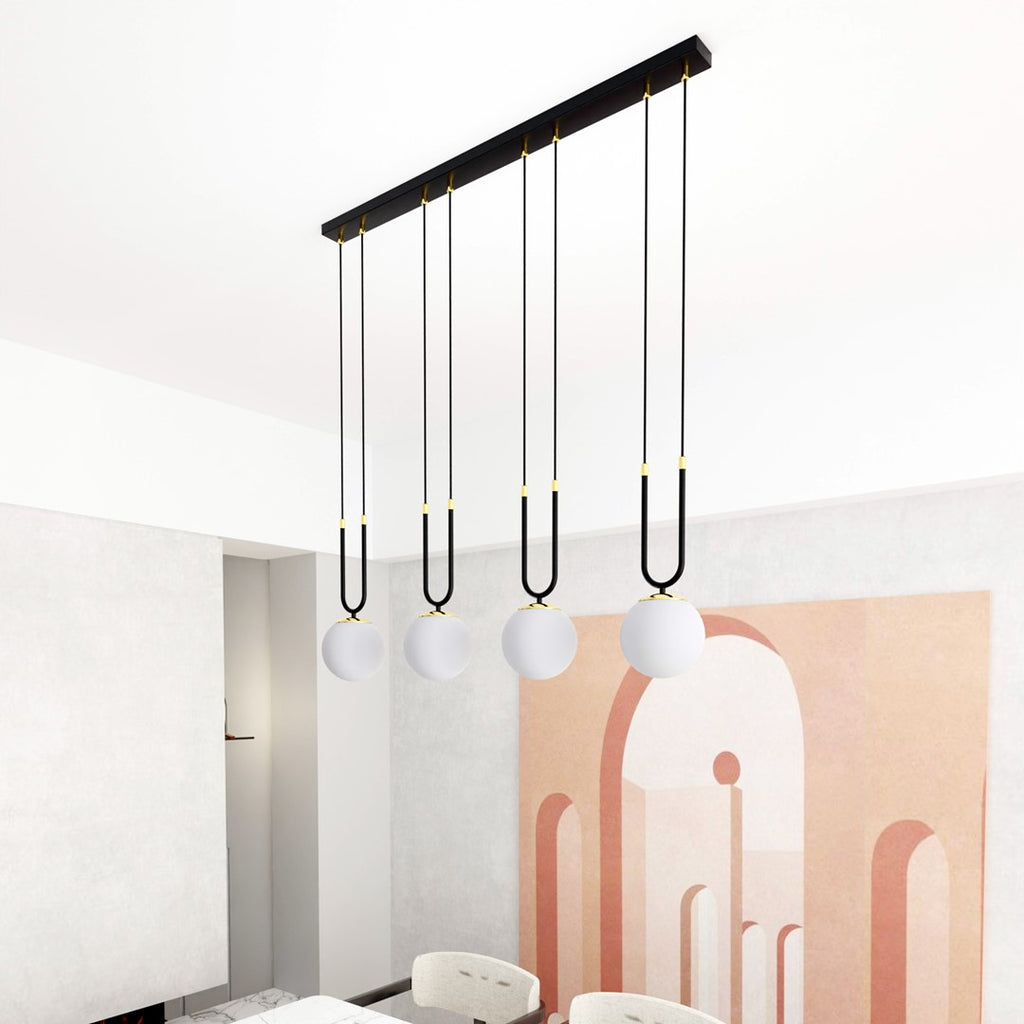Hanglamp Glam gepoedercoat staal en glas, retro, zwart met witte glazen kappen, 4 fittingen E14, eetkamer en woonkamer