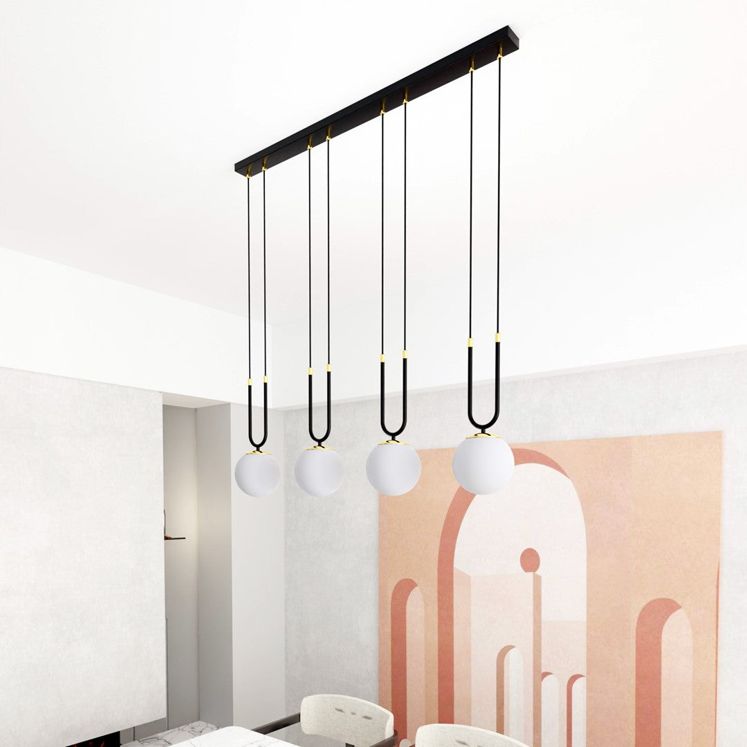 Hanglamp Glam gepoedercoat staal en glas, retro, zwart met witte glazen kappen, 4 fittingen E14, eetkamer en woonkamer