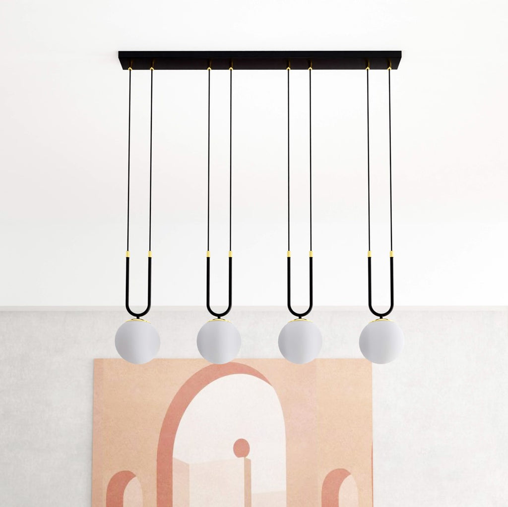 Hanglamp Glam gepoedercoat staal en glas, retro, zwart met witte glazen kappen, 4 fittingen E14, eetkamer en woonkamer