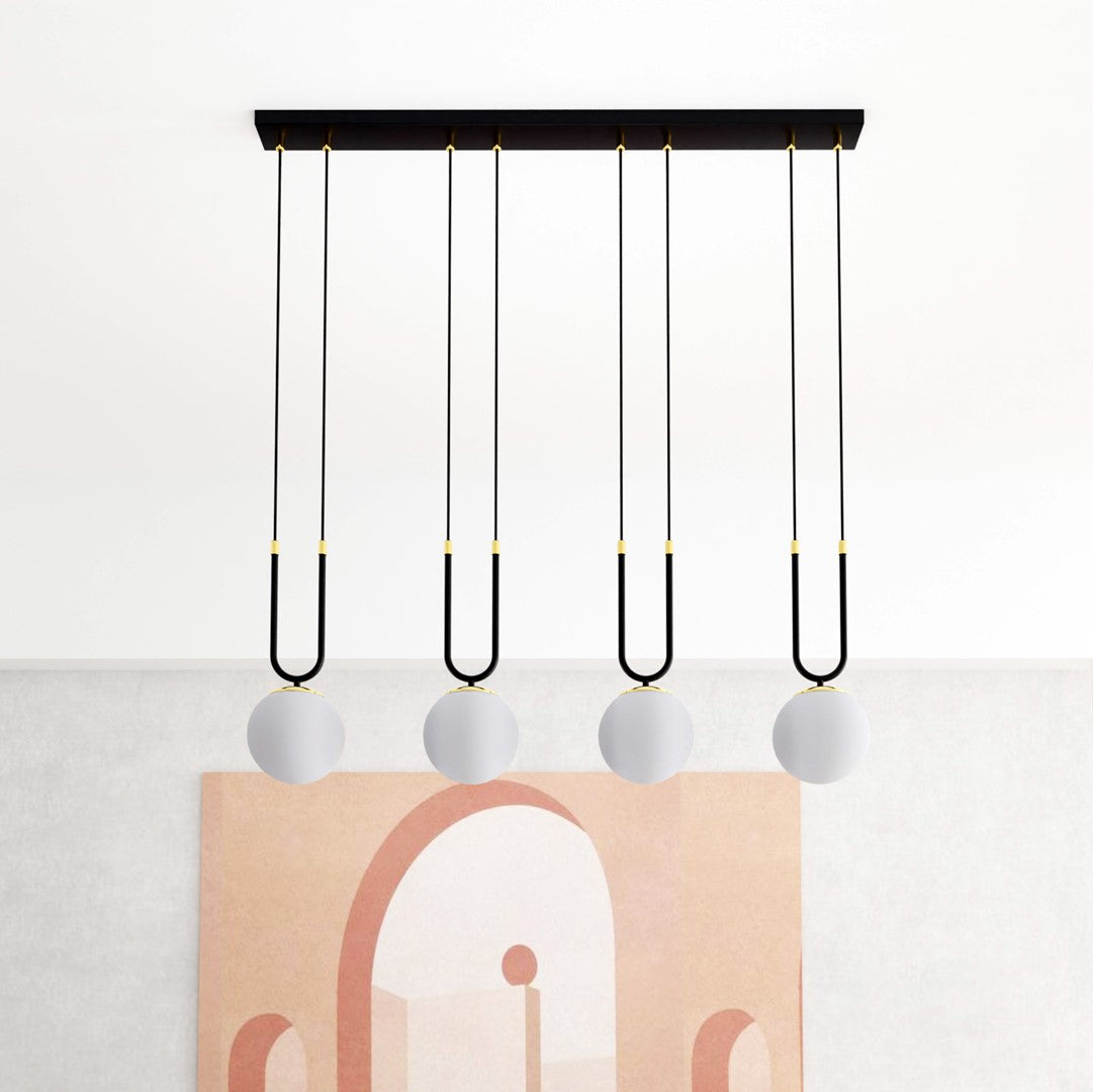 Hanglamp Glam gepoedercoat staal en glas, retro, zwart met witte glazen kappen, 4 fittingen E14, eetkamer en woonkamer