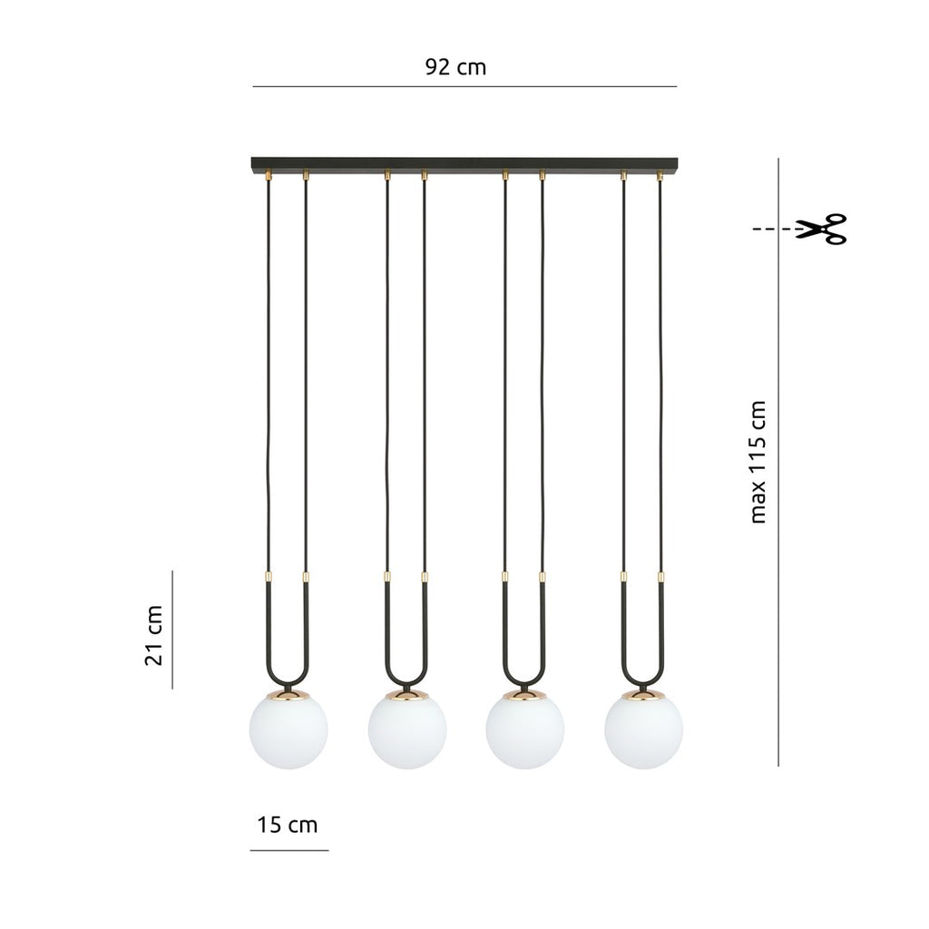 Hanglamp Glam gepoedercoat staal en glas, retro, zwart met witte glazen kappen, 4 fittingen E14, eetkamer en woonkamer