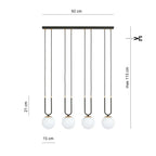 Hanglamp Glam gepoedercoat staal en glas, retro, zwart met witte glazen kappen, 4 fittingen E14, eetkamer en woonkamer