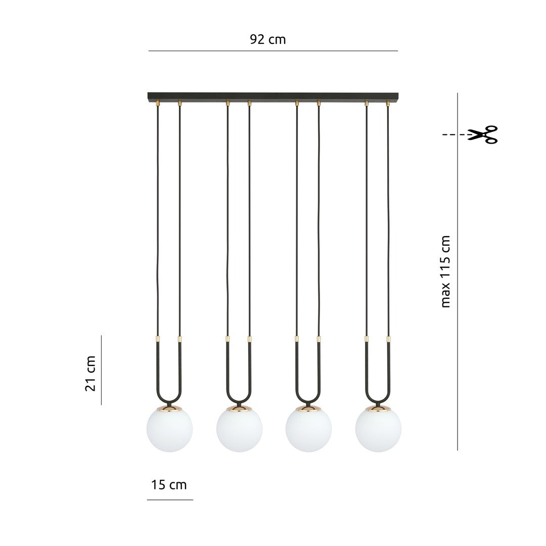 Hanglamp Glam gepoedercoat staal en glas, retro, zwart met witte glazen kappen, 4 fittingen E14, eetkamer en woonkamer