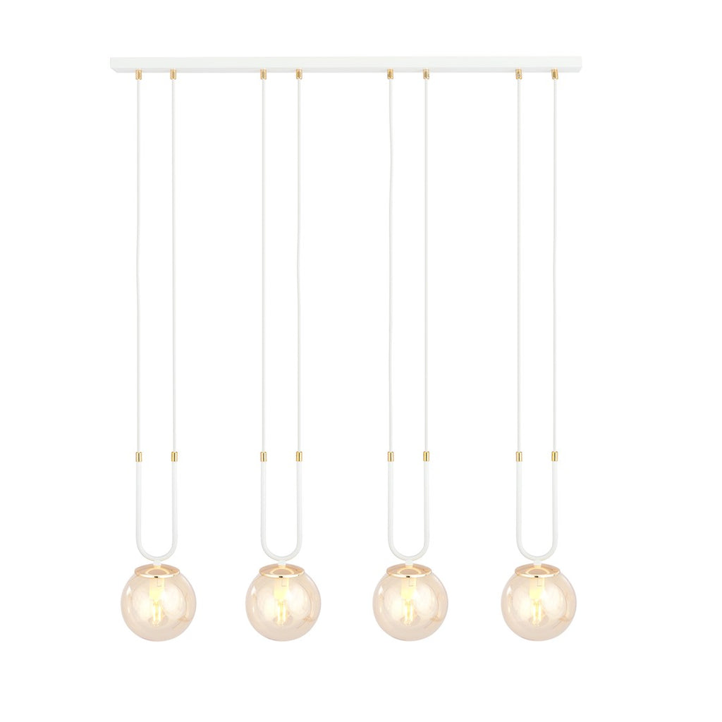 Hanglamp gepoedercoat staal en glas Glam, retro, wit met amber glazen kappen, 4 lichtpunten, E14, hoogte verstelbaar