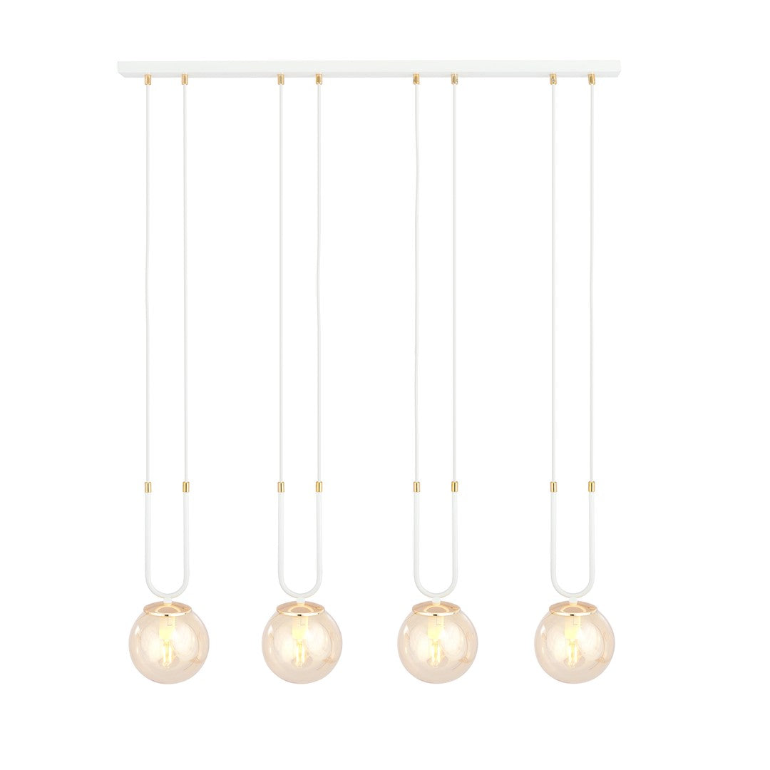 Hanglamp gepoedercoat staal en glas Glam, retro, wit met amber glazen kappen, 4 lichtpunten, E14, hoogte verstelbaar
