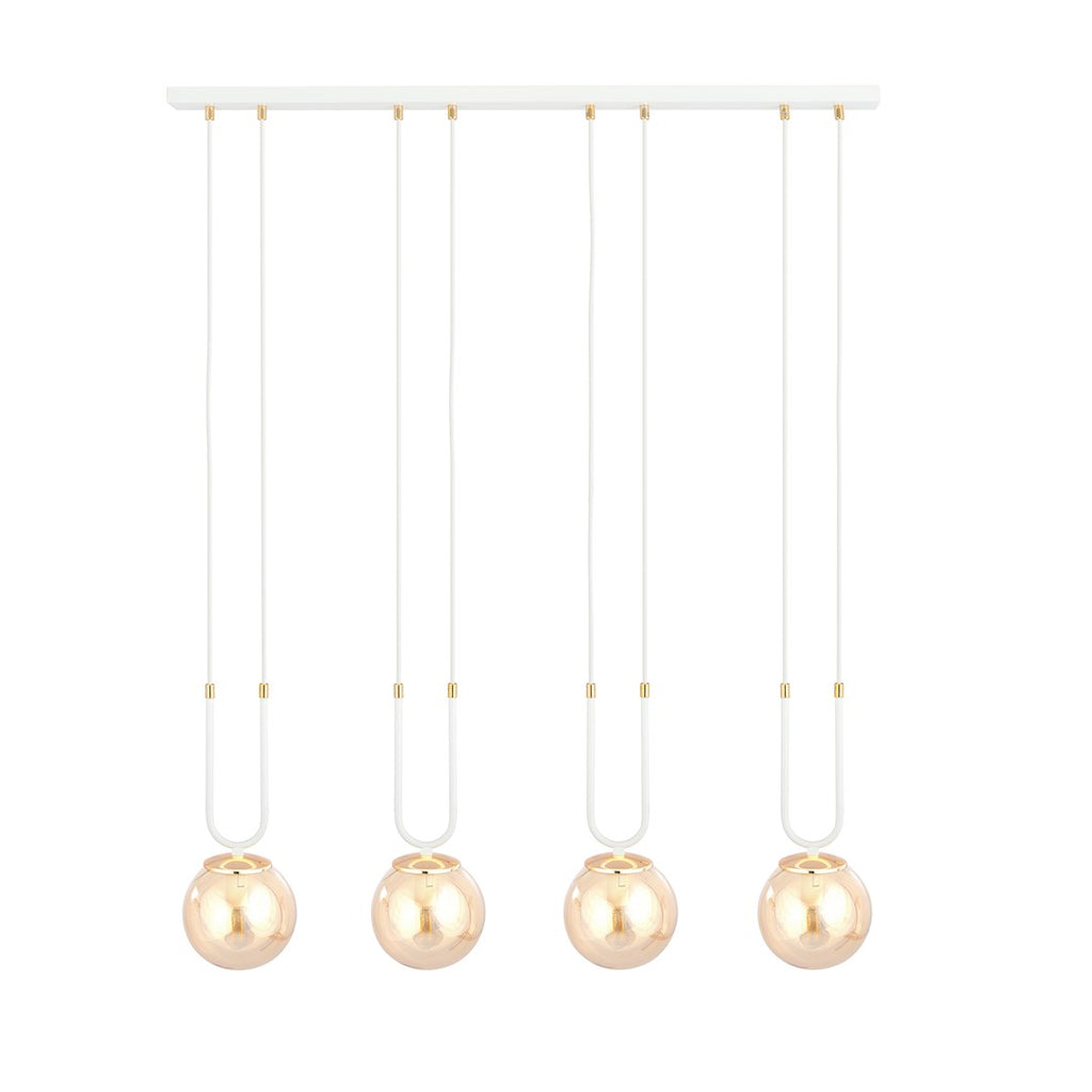 Hanglamp gepoedercoat staal en glas Glam, retro, wit met amber glazen kappen, 4 lichtpunten, E14, hoogte verstelbaar