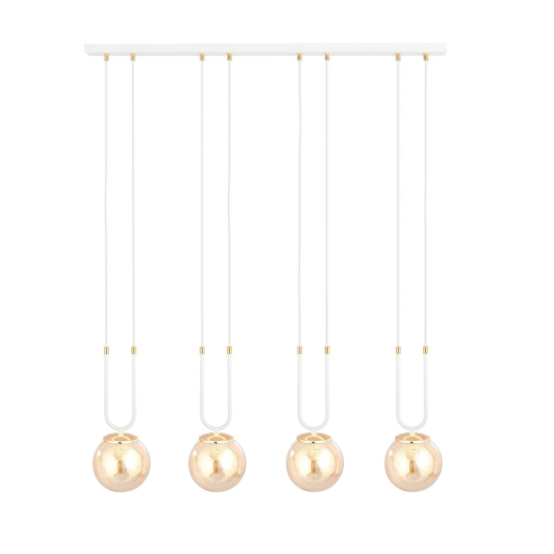 Hanglamp gepoedercoat staal en glas Glam, retro, wit met amber glazen kappen, 4 lichtpunten, E14, hoogte verstelbaar