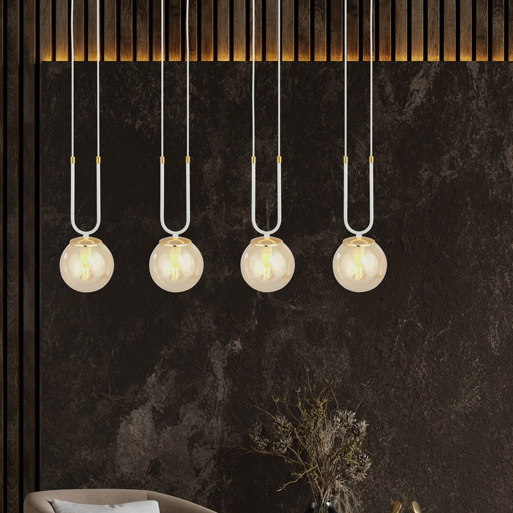 Hanglamp gepoedercoat staal en glas Glam, retro, wit met amber glazen kappen, 4 lichtpunten, E14, hoogte verstelbaar