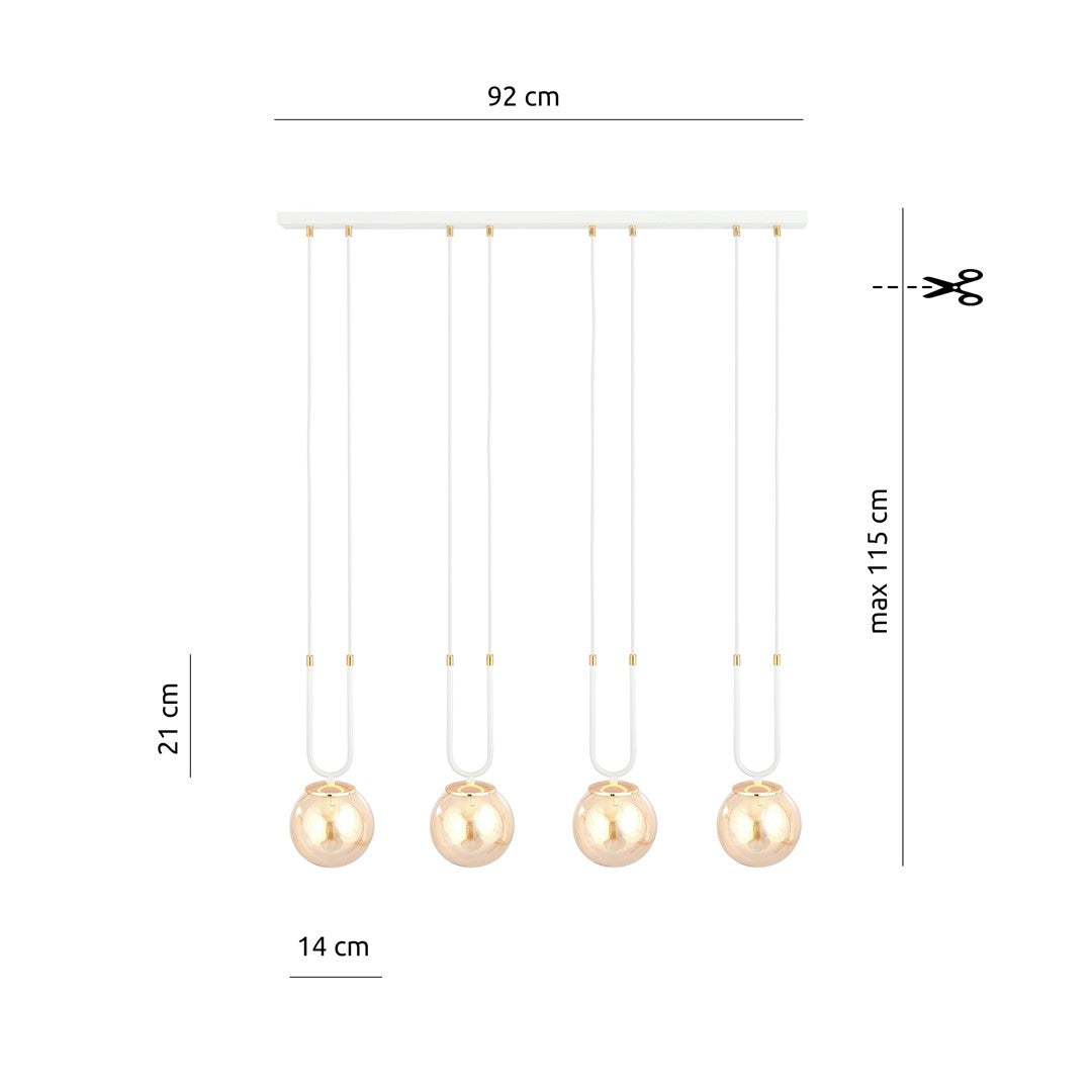 Hanglamp gepoedercoat staal en glas Glam, retro, wit met amber glazen kappen, 4 lichtpunten, E14, hoogte verstelbaar