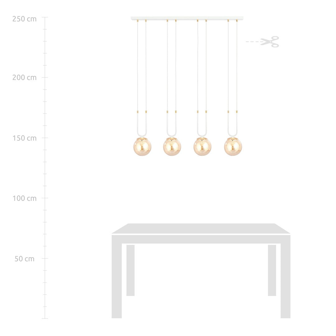Hanglamp gepoedercoat staal en glas Glam, retro, wit met amber glazen kappen, 4 lichtpunten, E14, hoogte verstelbaar
