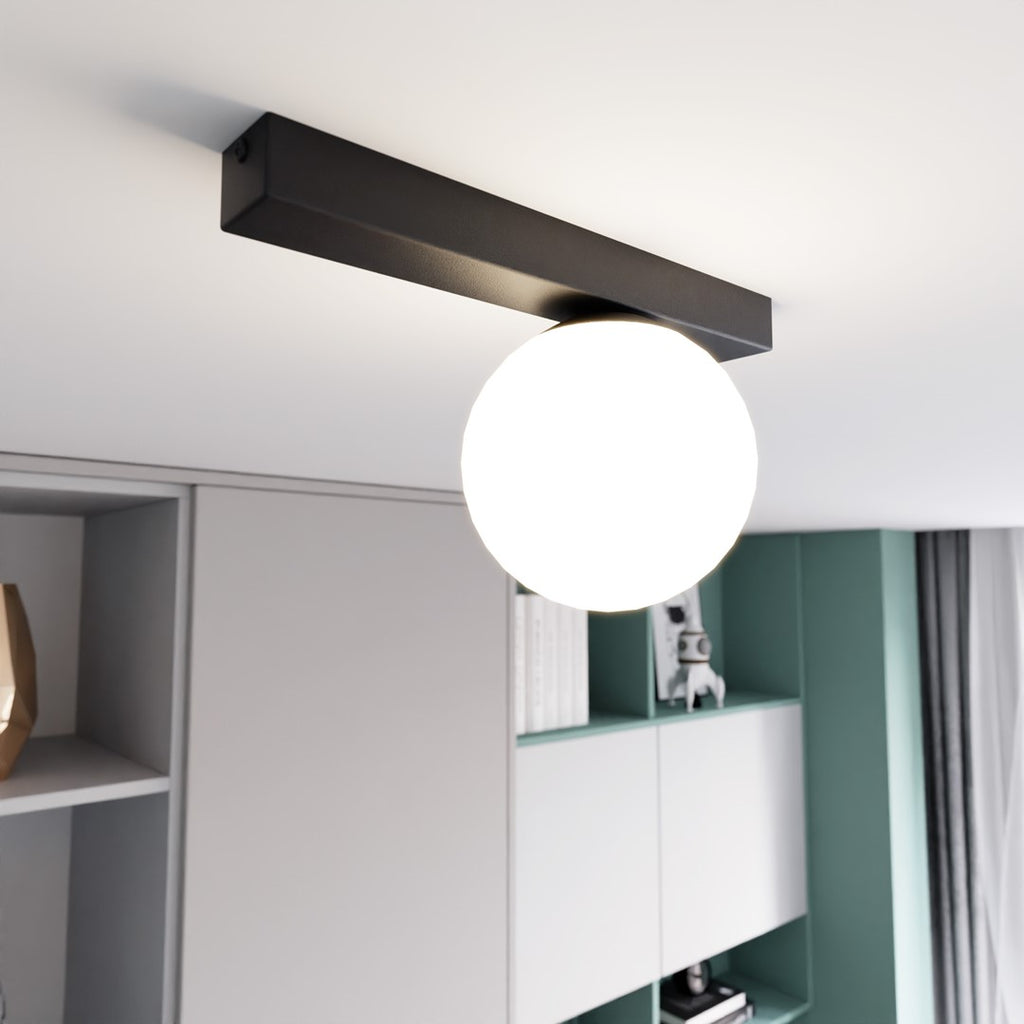 Plafondlamp staal en glas minimalistisch Fit, zwart met witte glazen kap, 30 x 17 cm, 1 x E14