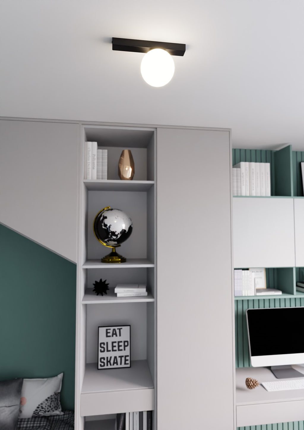 Plafondlamp staal en glas minimalistisch Fit, zwart met witte glazen kap, 30 x 17 cm, 1 x E14