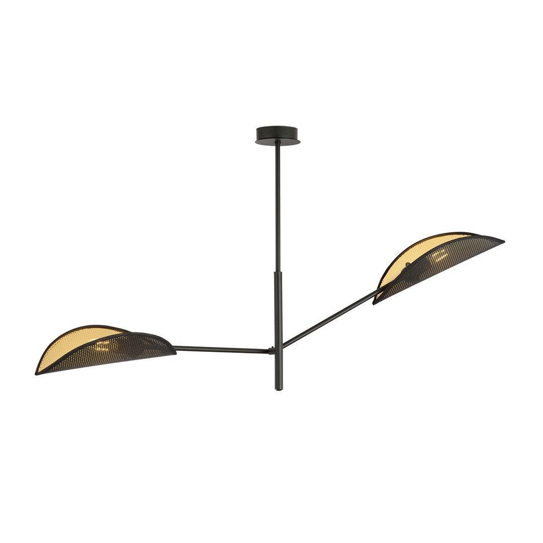 Plafondlamp gepoedercoat staal en stof, Vene 2, modern, zwart en goud, 2 fittingen E14, woonkamer en slaapkamer