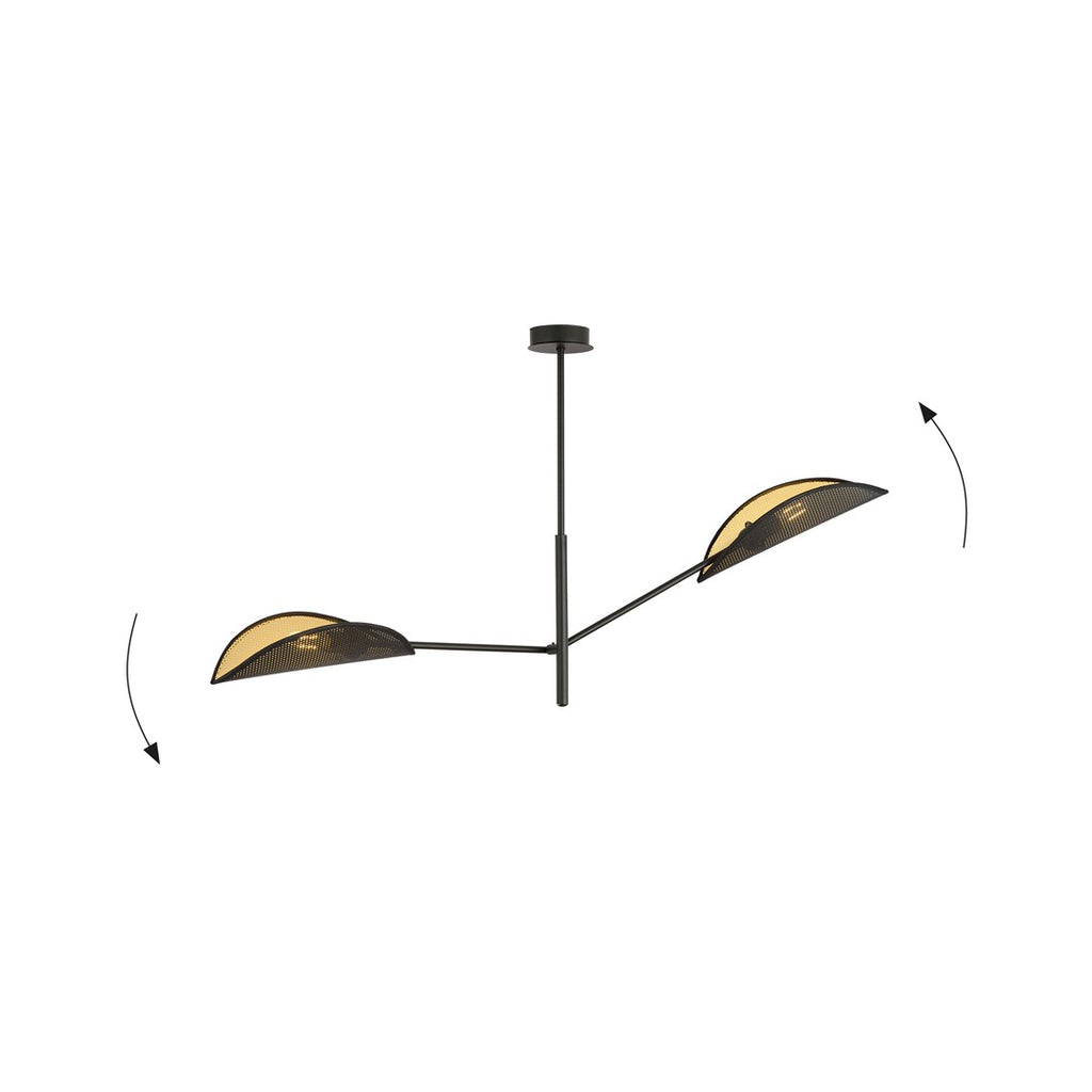 Plafondlamp gepoedercoat staal en stof, Vene 2, modern, zwart en goud, 2 fittingen E14, woonkamer en slaapkamer