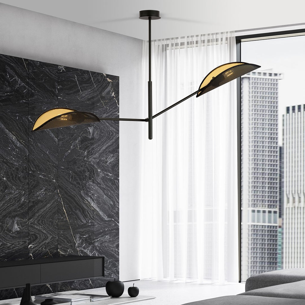 Plafondlamp gepoedercoat staal en stof, Vene 2, modern, zwart en goud, 2 fittingen E14, woonkamer en slaapkamer