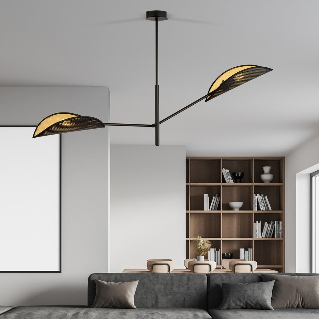 Plafondlamp gepoedercoat staal en stof, Vene 2, modern, zwart en goud, 2 fittingen E14, woonkamer en slaapkamer