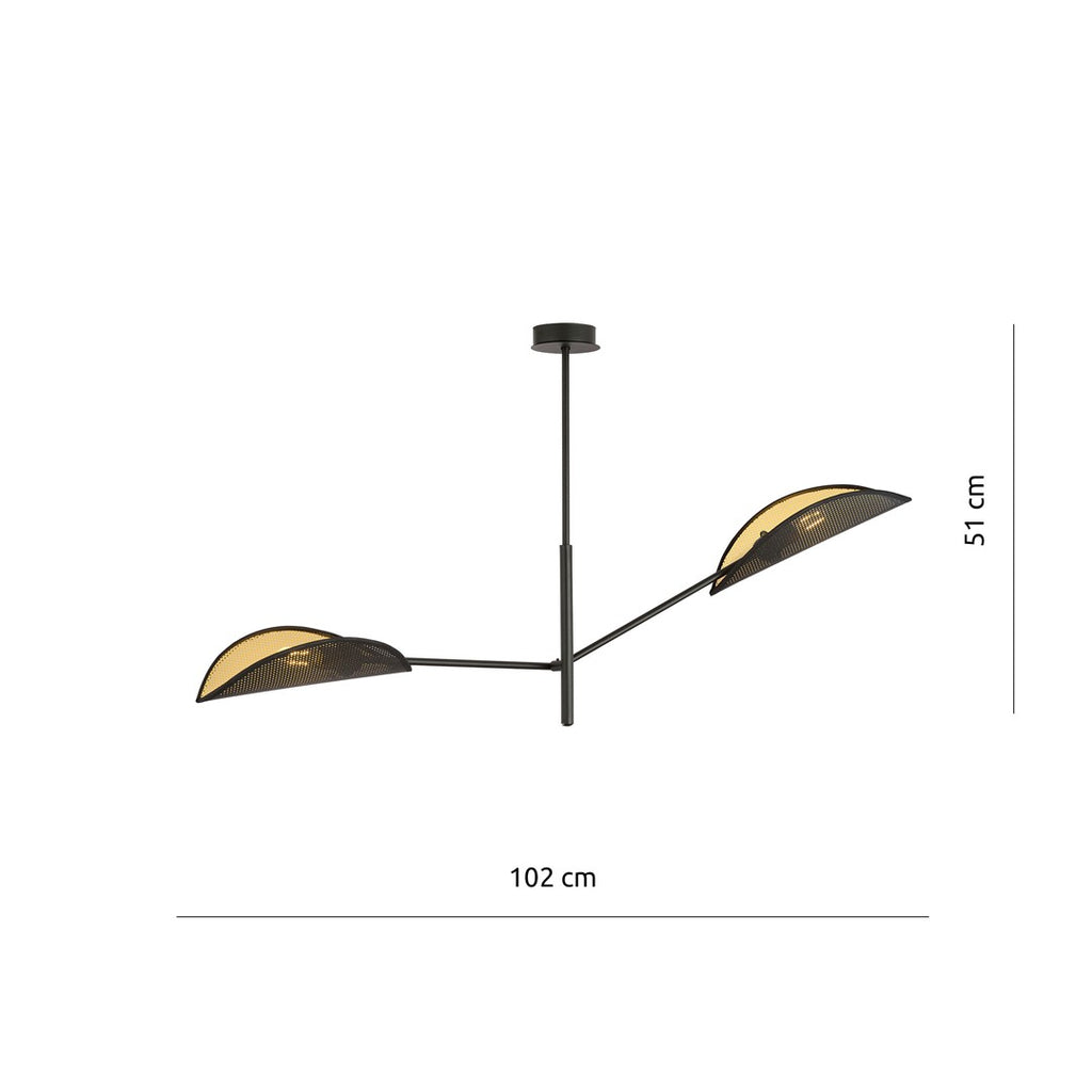 Plafondlamp gepoedercoat staal en stof, Vene 2, modern, zwart en goud, 2 fittingen E14, woonkamer en slaapkamer