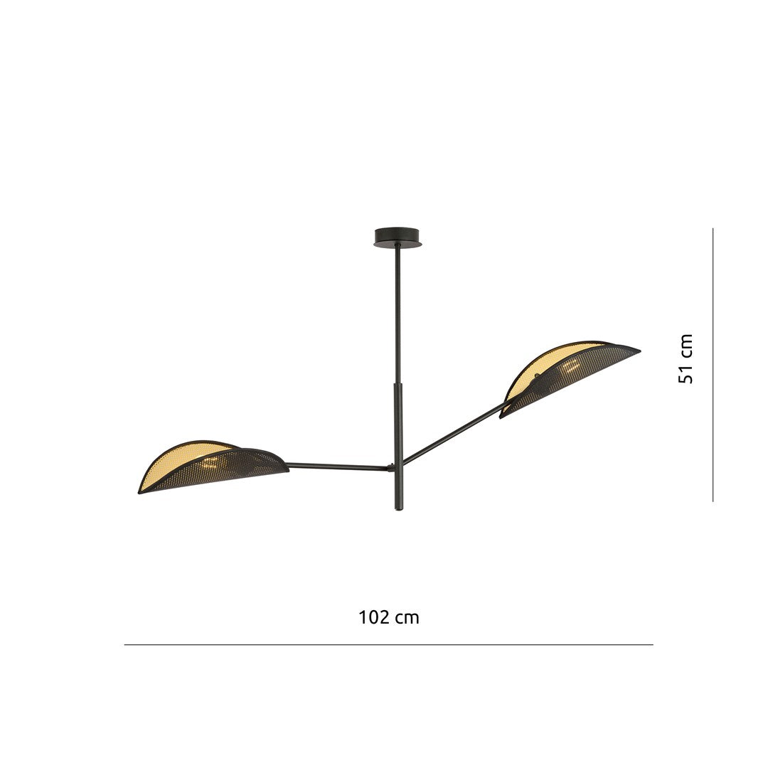 Plafondlamp gepoedercoat staal en stof, Vene 2, modern, zwart en goud, 2 fittingen E14, woonkamer en slaapkamer
