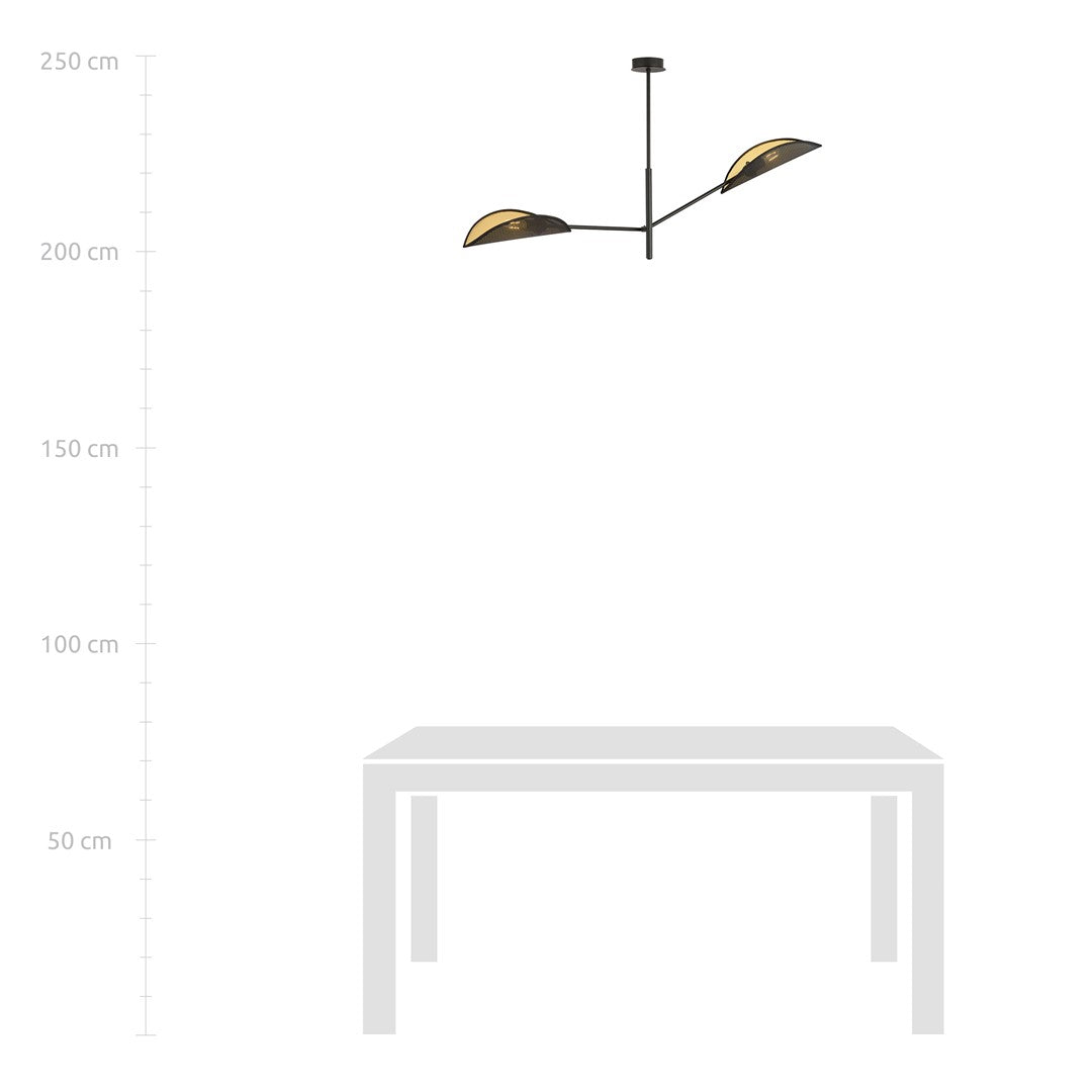 Plafondlamp gepoedercoat staal en stof, Vene 2, modern, zwart en goud, 2 fittingen E14, woonkamer en slaapkamer