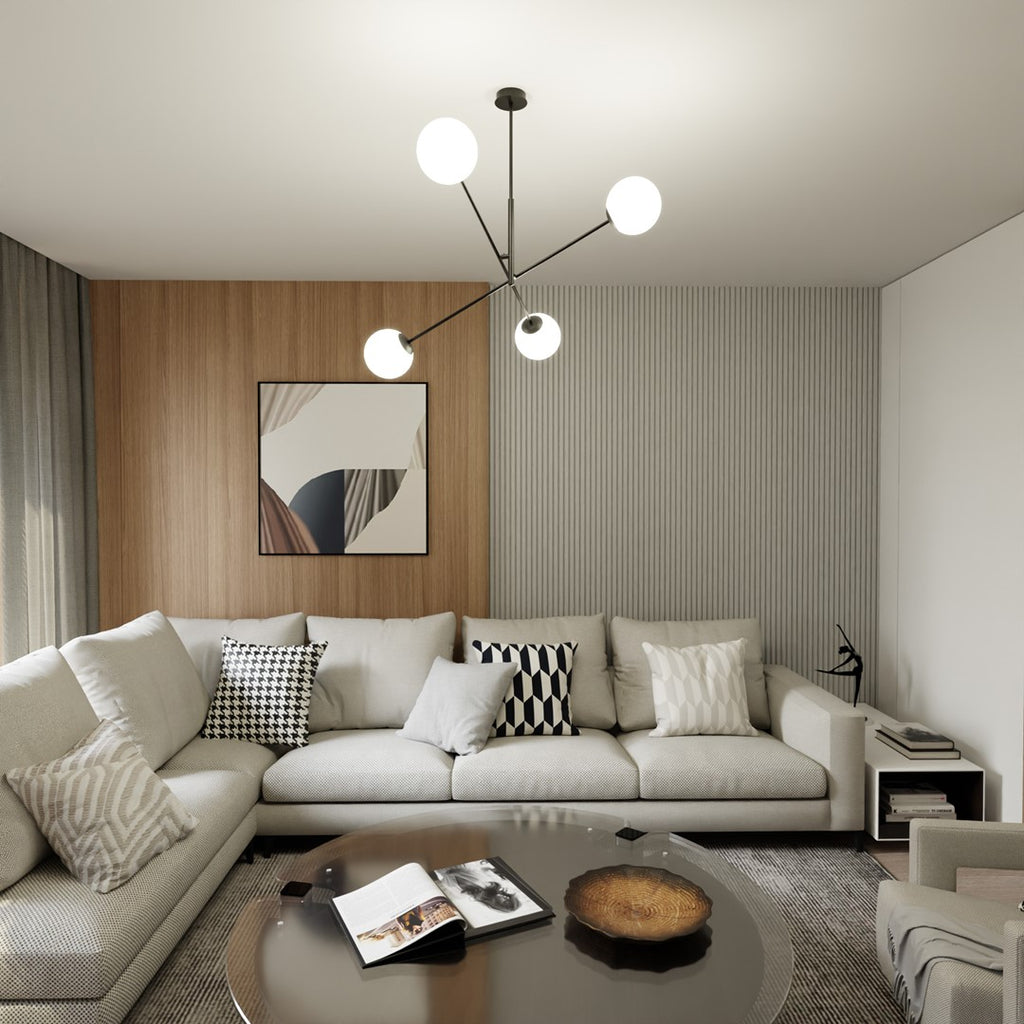 Hanglamp gepoedercoat staal en glas Linear zwart/opaal, 4 lichtpunten E14 – 102 x 51 cm, eettafel en kookeiland
