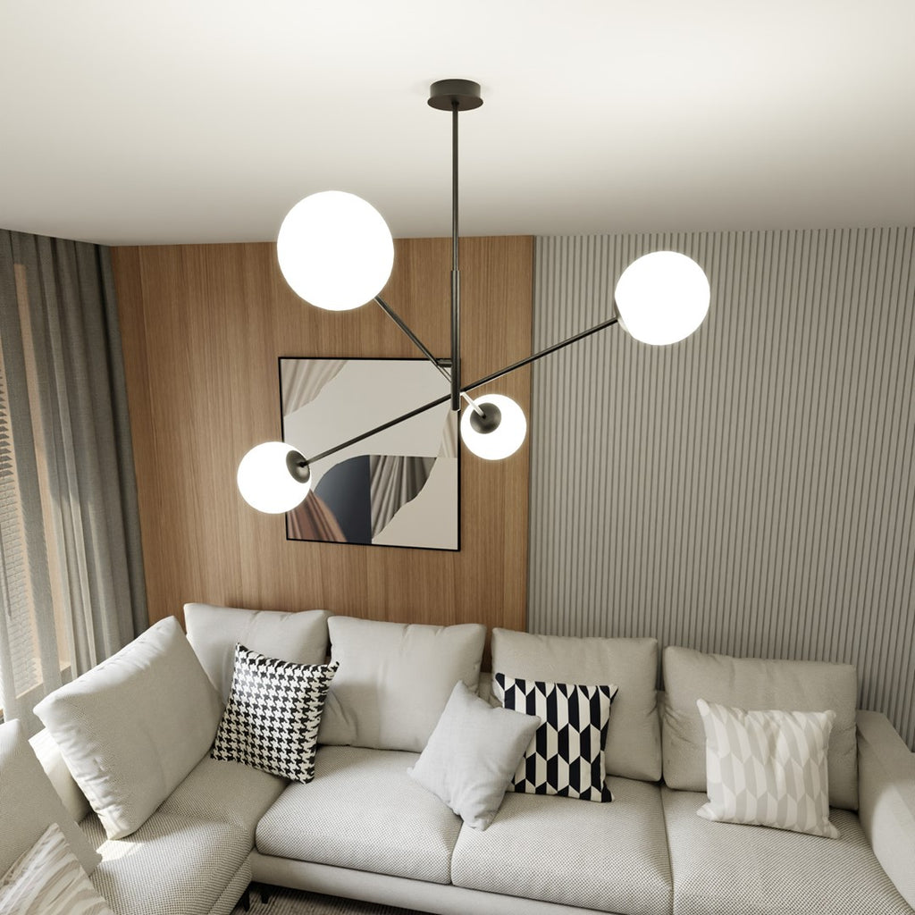 Hanglamp gepoedercoat staal en glas Linear zwart/opaal, 4 lichtpunten E14 – 102 x 51 cm, eettafel en kookeiland