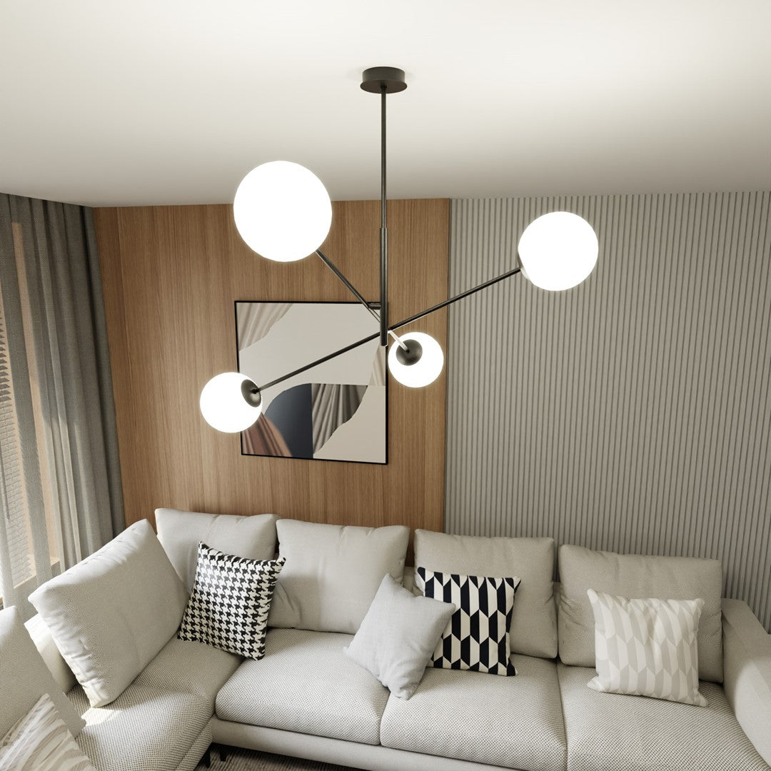 Hanglamp gepoedercoat staal en glas Linear zwart/opaal, 4 lichtpunten E14 – 102 x 51 cm, eettafel en kookeiland