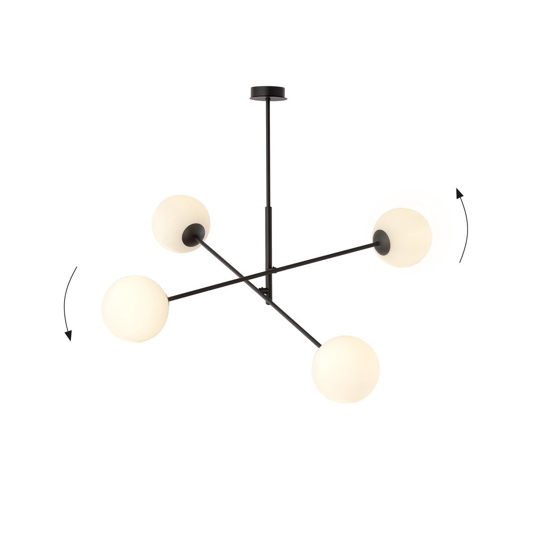 Hanglamp gepoedercoat staal en glas Linear zwart/opaal, 4 lichtpunten E14 – 102 x 51 cm, eettafel en kookeiland