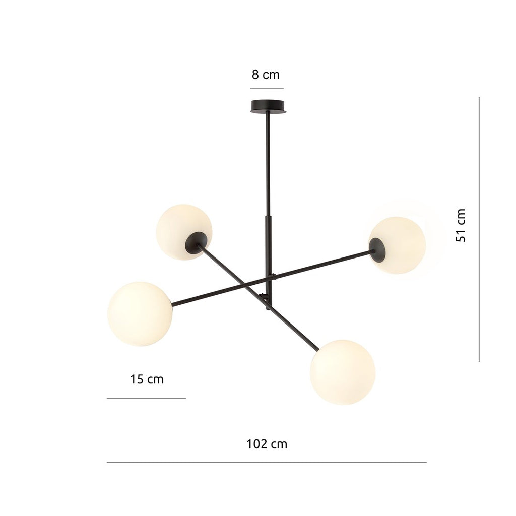Hanglamp gepoedercoat staal en glas Linear zwart/opaal, 4 lichtpunten E14 – 102 x 51 cm, eettafel en kookeiland
