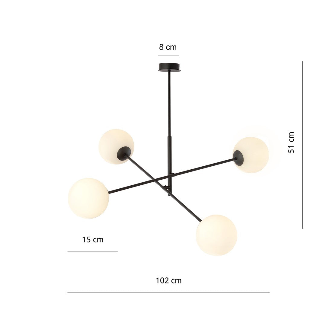 Hanglamp gepoedercoat staal en glas Linear zwart/opaal, 4 lichtpunten E14 – 102 x 51 cm, eettafel en kookeiland