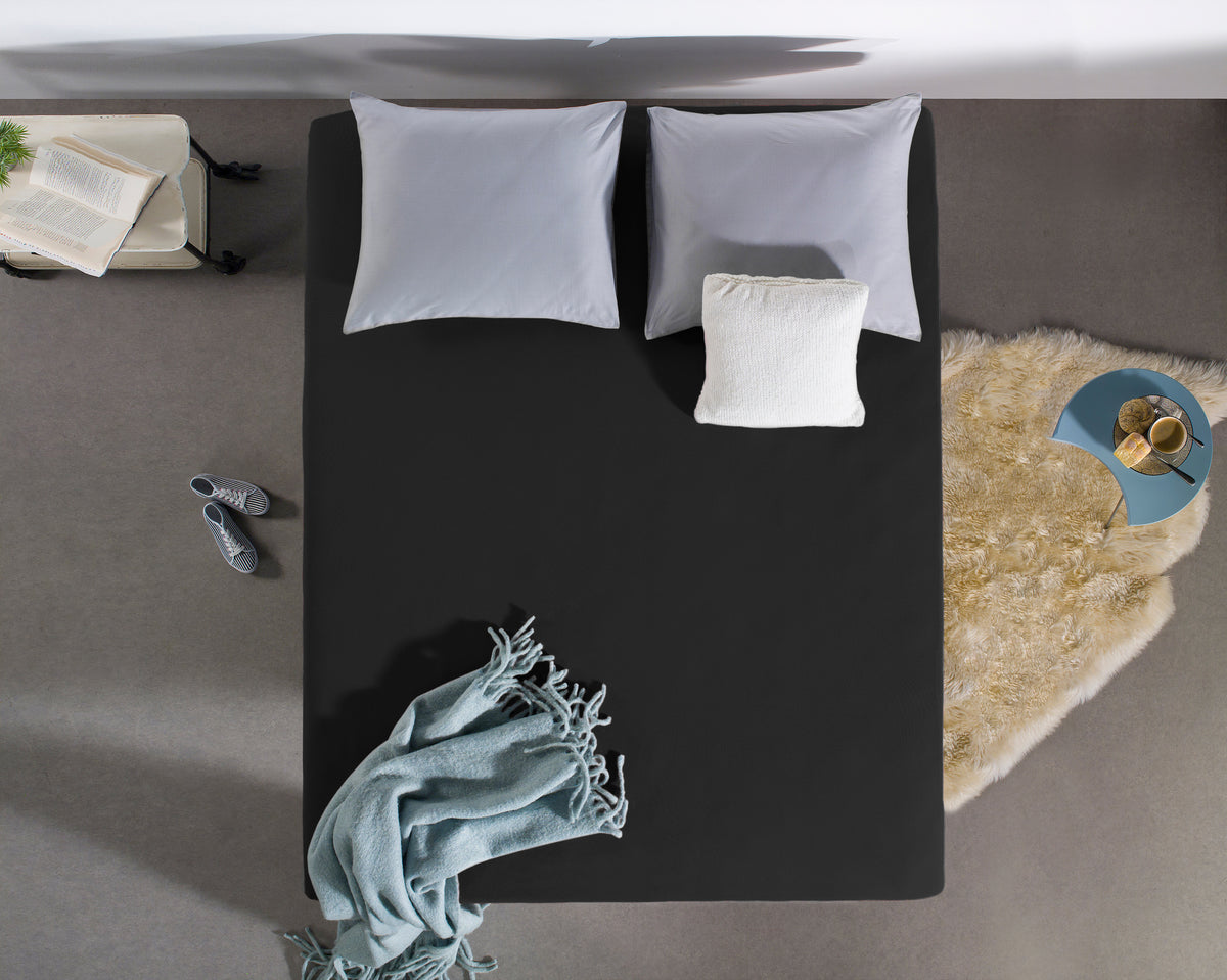 Hoeslaken jersey katoen zwart 190/200 x 200/220 cm, hoekhoogte 30 cm, voor matras en boxspring