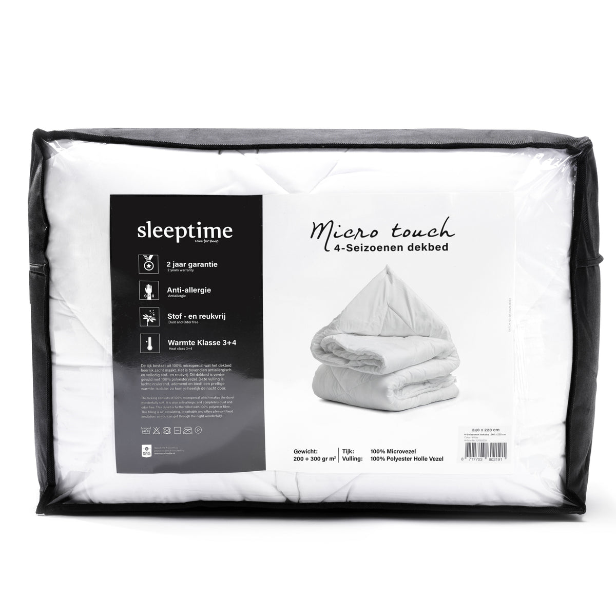 Dekbed 4-seizoenen micropercal polyester wit 240 x 220 cm, tweedelig met drukknopen voor de slaapkamer
