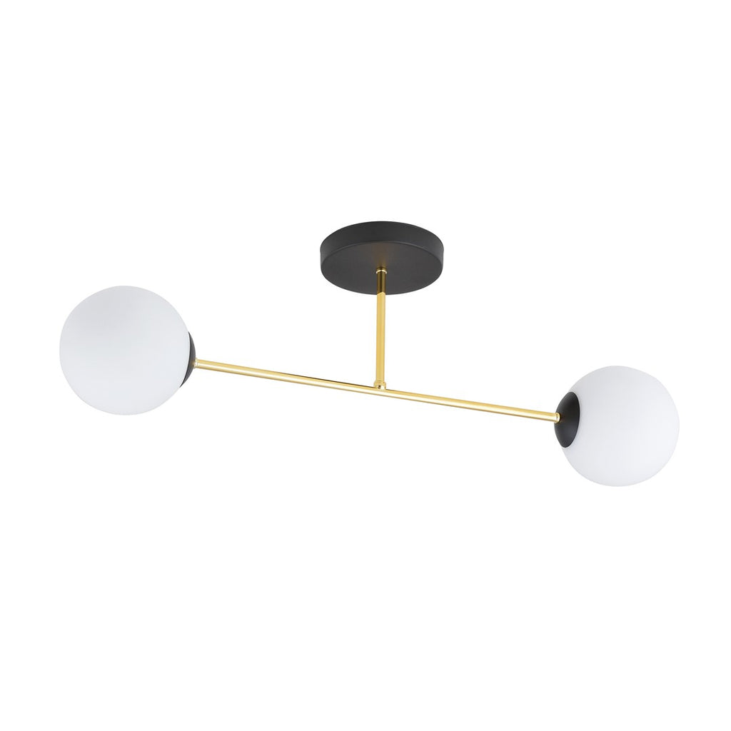 Plafondlamp gepoedercoat staal en glas Magnum 2 lichts, zwart goud met witte glazen kappen, 55 cm breed