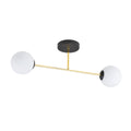 Plafondlamp gepoedercoat staal en glas Magnum 2 lichts, zwart goud met witte glazen kappen, 55 cm breed