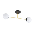 Plafondlamp gepoedercoat staal en glas Magnum 2 lichts, zwart goud met witte glazen kappen, 55 cm breed