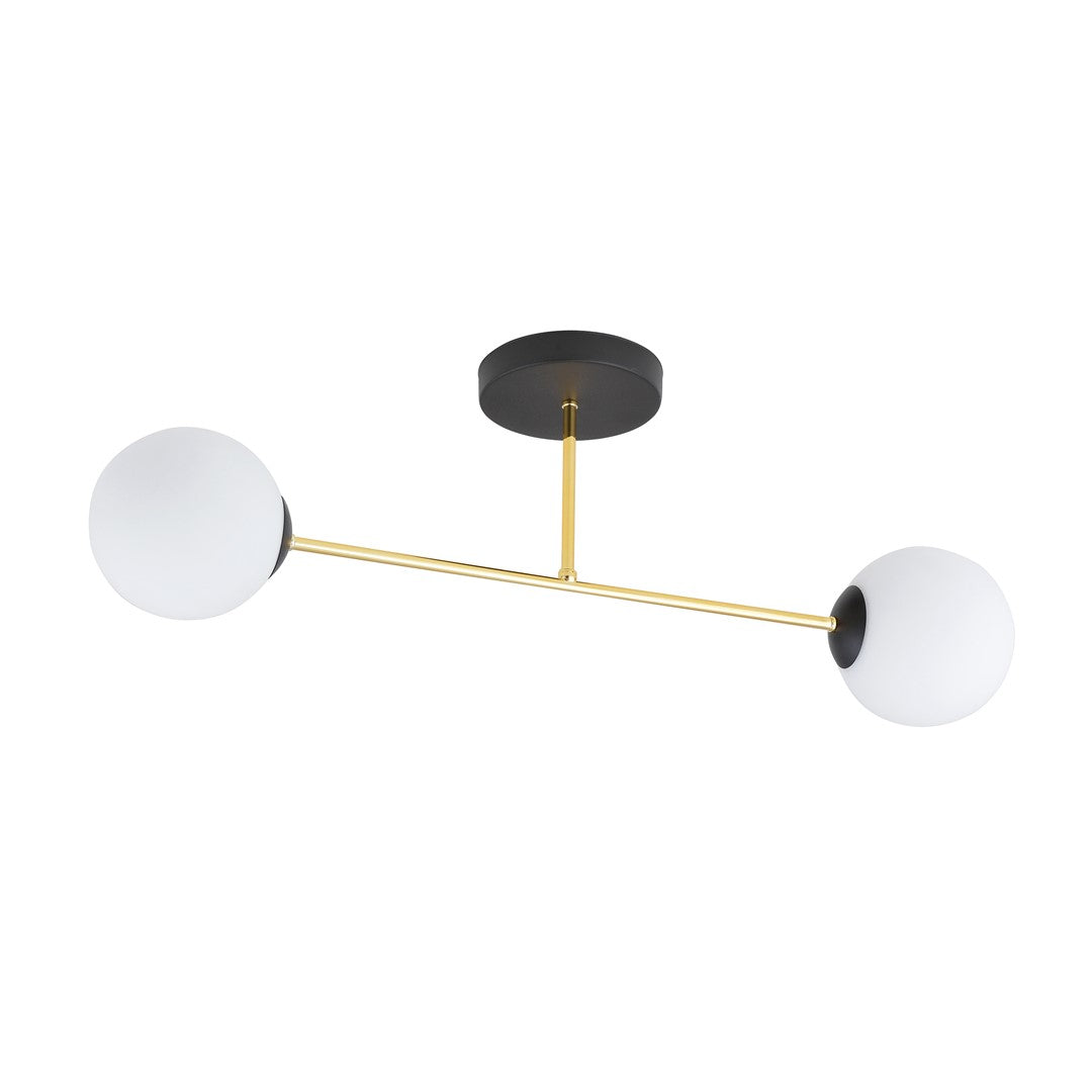 Plafondlamp gepoedercoat staal en glas Magnum 2 lichts, zwart goud met witte glazen kappen, 55 cm breed