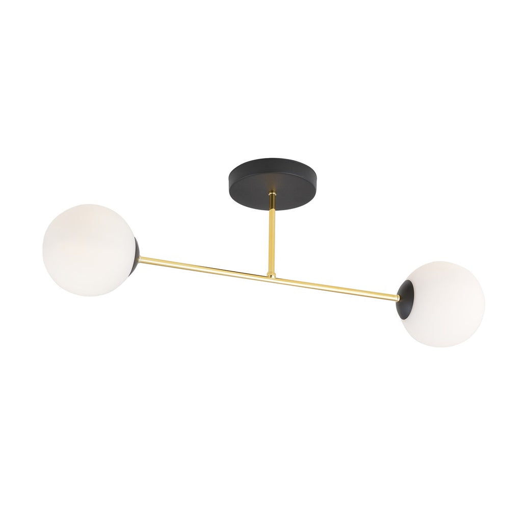 Plafondlamp gepoedercoat staal en glas Magnum 2 lichts, zwart goud met witte glazen kappen, 55 cm breed