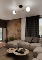 Plafondlamp gepoedercoat staal en glas Magnum 2 lichts, zwart goud met witte glazen kappen, 55 cm breed