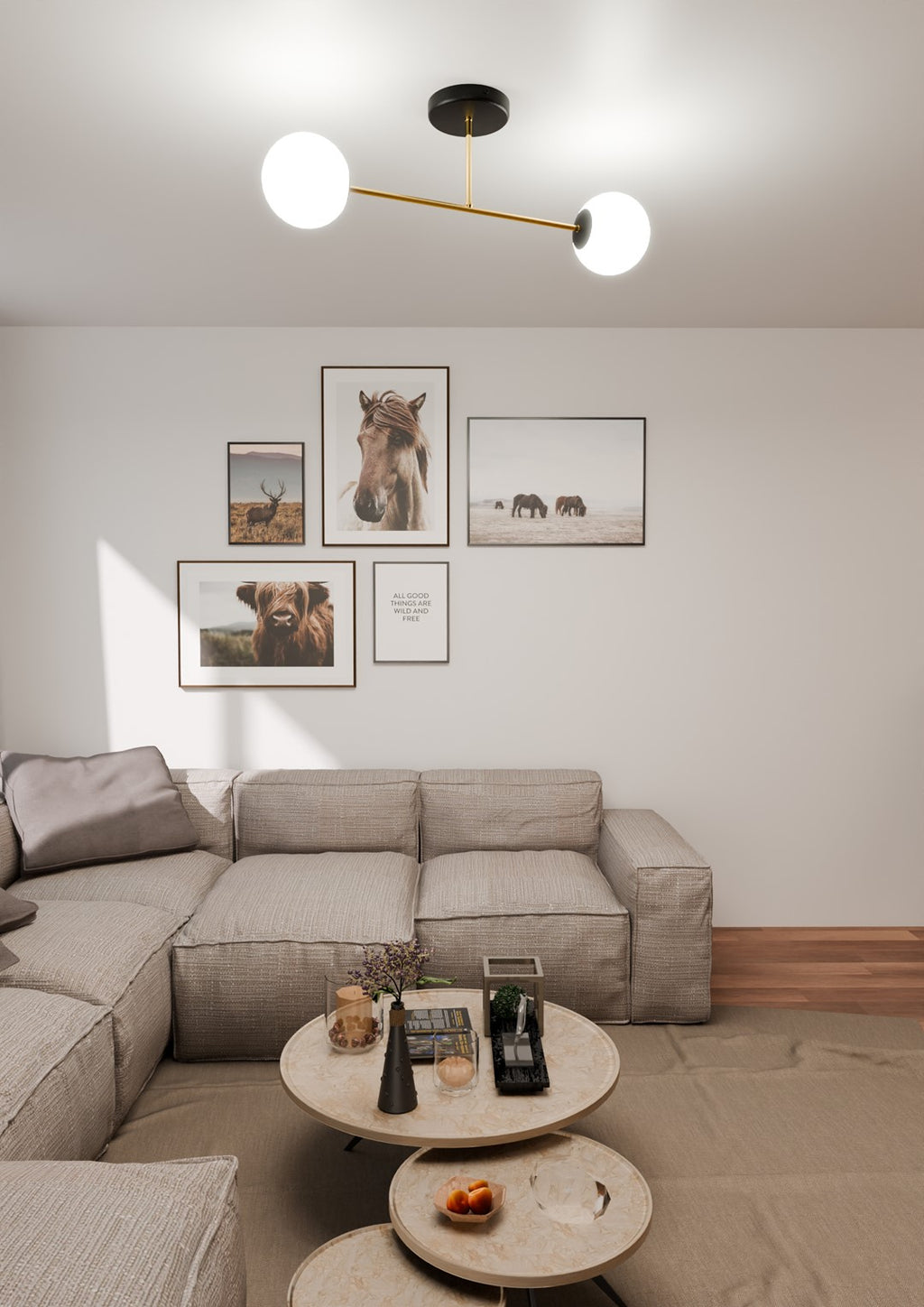 Plafondlamp gepoedercoat staal en glas Magnum 2 lichts, zwart goud met witte glazen kappen, 55 cm breed
