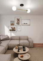 Plafondlamp gepoedercoat staal en glas Magnum 2 lichts, zwart goud met witte glazen kappen, 55 cm breed