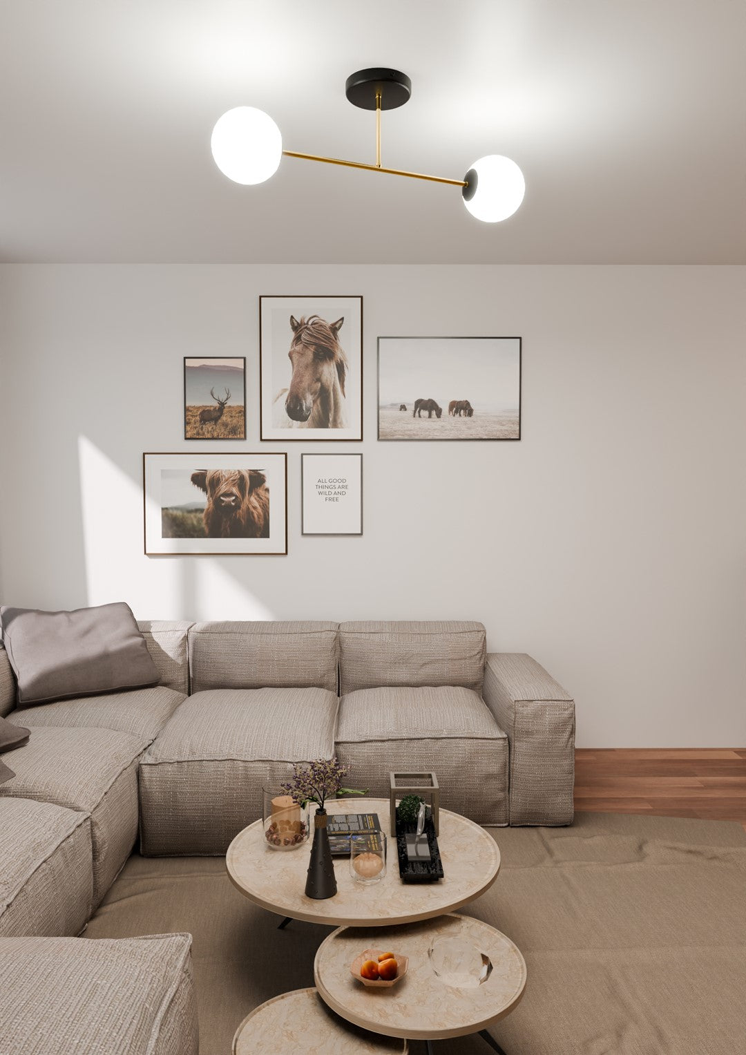 Plafondlamp gepoedercoat staal en glas Magnum 2 lichts, zwart goud met witte glazen kappen, 55 cm breed
