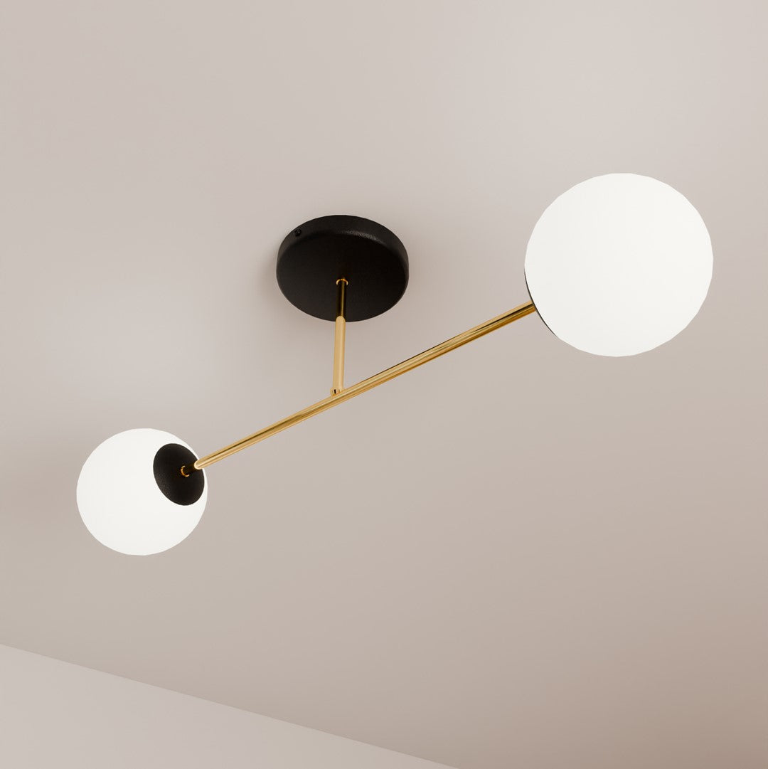Plafondlamp gepoedercoat staal en glas Magnum 2 lichts, zwart goud met witte glazen kappen, 55 cm breed