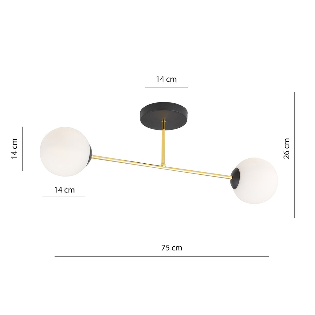 Plafondlamp gepoedercoat staal en glas Magnum 2 lichts, zwart goud met witte glazen kappen, 55 cm breed