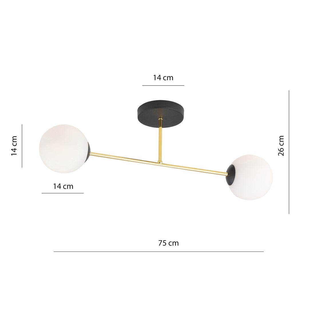 Plafondlamp gepoedercoat staal en glas Magnum 2 lichts, zwart goud met witte glazen kappen, 55 cm breed